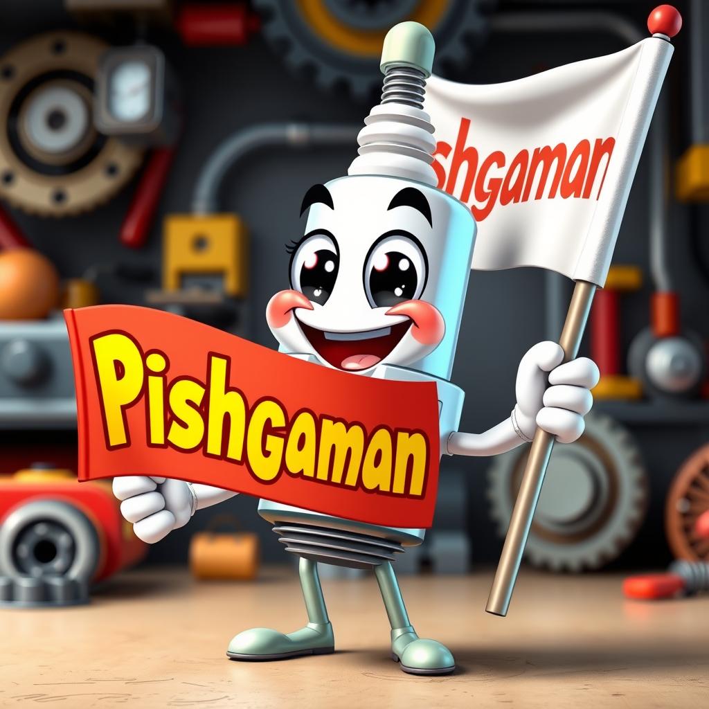 A cheerful and animated spark plug character with a big smile, holding a flag that displays the word 'Pishgaman' in bold, colorful letters