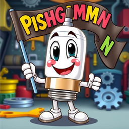 A cheerful and animated spark plug character with a big smile, holding a flag that displays the word 'Pishgaman' in bold, colorful letters