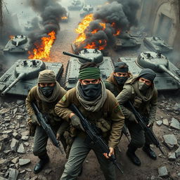 A far top view full body scene depicting a group of resistance fighters with covered faces, wearing scarfs and green headbands, clad in tactical gear