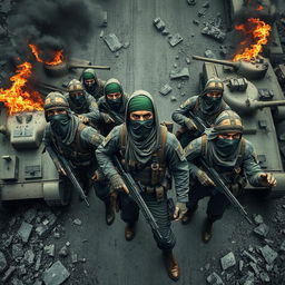 A far top view full body scene depicting a group of resistance fighters with covered faces, wearing scarfs and green headbands, clad in tactical gear