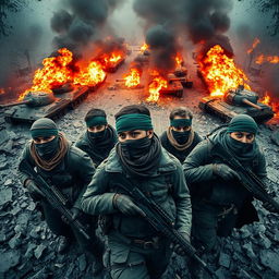 A far top view full body scene depicting a group of resistance fighters with covered faces, wearing scarfs and green headbands, clad in tactical gear