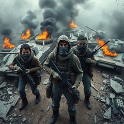 A far top view full body scene depicting a group of resistance fighters with covered faces, wearing scarfs and green headbands, clad in tactical gear