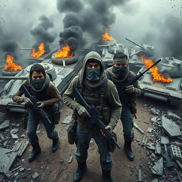 A far top view full body scene depicting a group of resistance fighters with covered faces, wearing scarfs and green headbands, clad in tactical gear