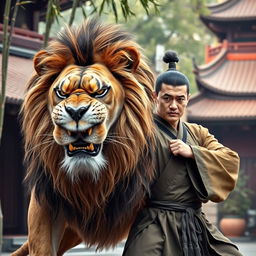 A fierce, realistic lion exhibiting a strong, angry demeanor, in a powerful pose, alongside a skilled kung fu master dressed in traditional kung fu attire