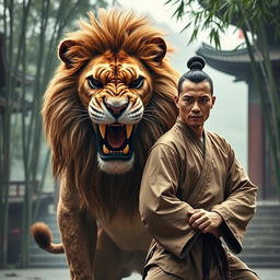 A fierce, realistic lion exhibiting a strong, angry demeanor, in a powerful pose, alongside a skilled kung fu master dressed in traditional kung fu attire