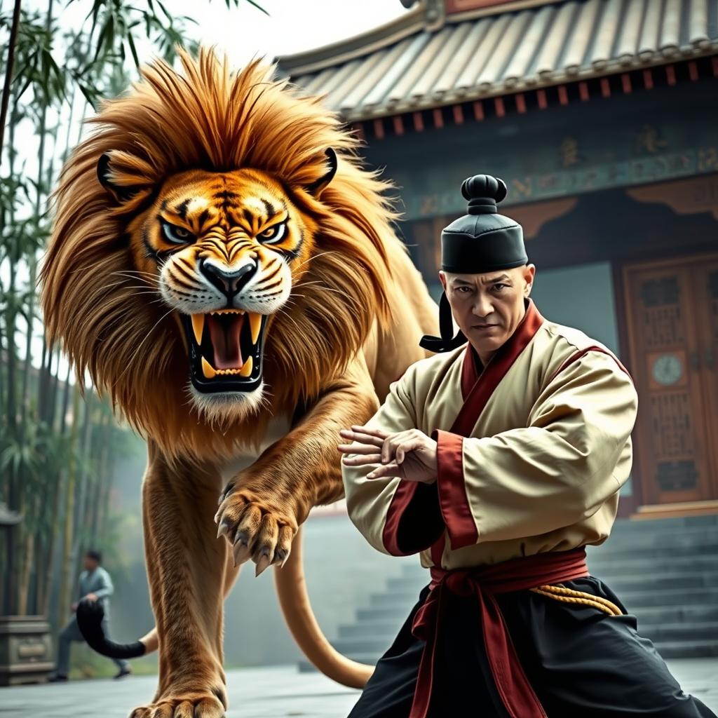 A fierce, realistic lion exhibiting a strong, angry demeanor, in a powerful pose, alongside a skilled kung fu master dressed in traditional kung fu attire
