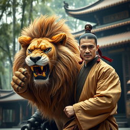 A fierce, realistic lion exhibiting a strong, angry demeanor, in a powerful pose, alongside a skilled kung fu master dressed in traditional kung fu attire
