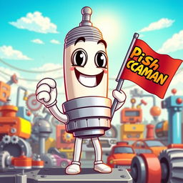 A cheerful and lively spark plug character with a wide smile and big, expressive eyes