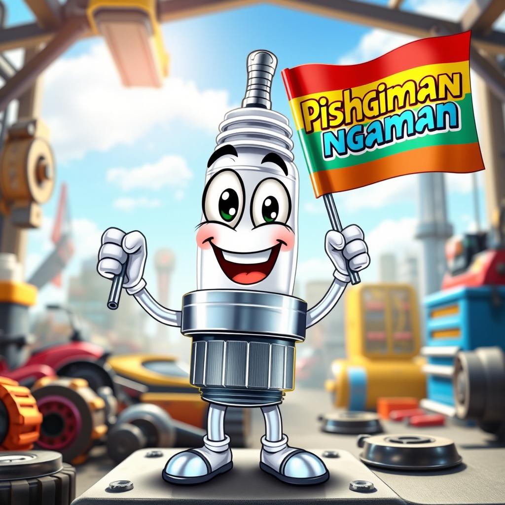 A cheerful and lively spark plug character with a wide smile and big, expressive eyes