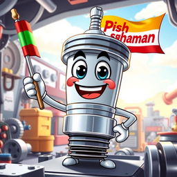 A cheerful and lively spark plug character with a wide smile and big, expressive eyes