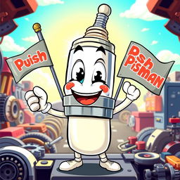 A cheerful and lively spark plug character with a wide smile and big, expressive eyes