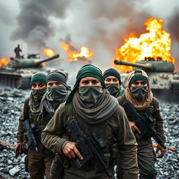 A dynamic scene featuring a group of resistance fighters with their faces covered by scarves and adorned with green headbands, all equipped in tactical gear