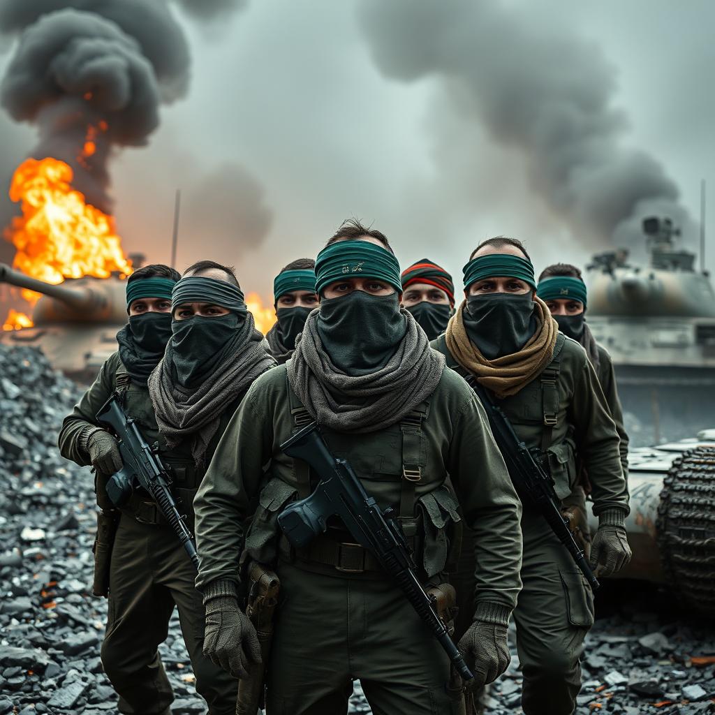 A dynamic scene featuring a group of resistance fighters with their faces covered by scarves and adorned with green headbands, all equipped in tactical gear