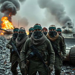 A dynamic scene featuring a group of resistance fighters with their faces covered by scarves and adorned with green headbands, all equipped in tactical gear
