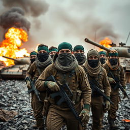 A dynamic scene featuring a group of resistance fighters with their faces covered by scarves and adorned with green headbands, all equipped in tactical gear