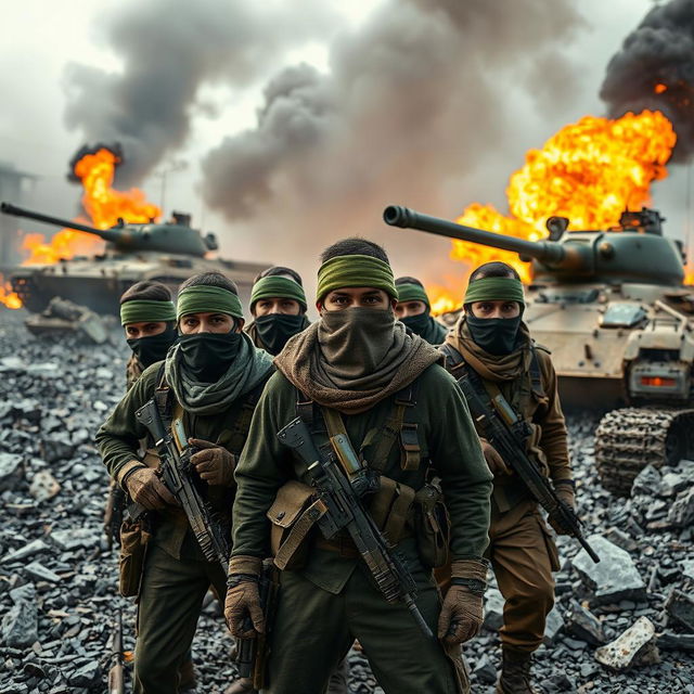 A dynamic scene featuring a group of resistance fighters with their faces covered by scarves and adorned with green headbands, all equipped in tactical gear