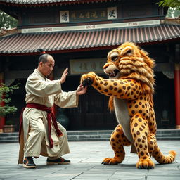 A Chinese master teaching a fierce lion in the Shaolin Temple, showcasing the harmony between human and animal in a discipline-focused training scenario