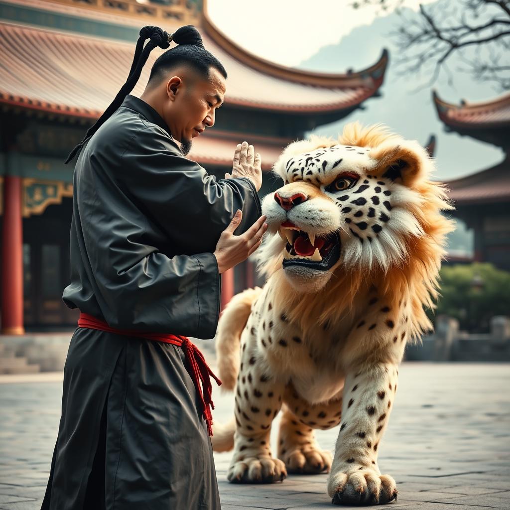 A Chinese master teaching a fierce lion in the Shaolin Temple, showcasing the harmony between human and animal in a discipline-focused training scenario