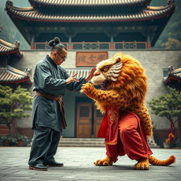 A Chinese master teaching a fierce lion in the Shaolin Temple, showcasing the harmony between human and animal in a discipline-focused training scenario