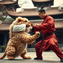 A Chinese master teaching a fierce lion in the Shaolin Temple, showcasing the harmony between human and animal in a discipline-focused training scenario