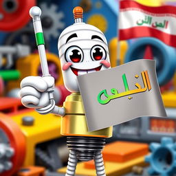 A cheerful spark plug character with a big smile and animated features, proudly holding a flag in one hand that displays the word 'پیشگامان' in bold, colorful Persian script