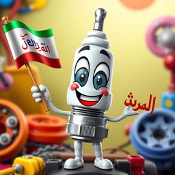 A cheerful spark plug character with a big smile and animated features, proudly holding a flag in one hand that displays the word 'پیشگامان' in bold, colorful Persian script