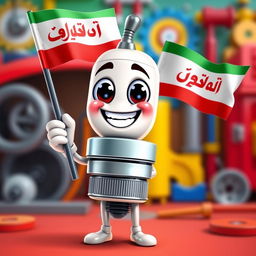 A cheerful spark plug character with a big smile and animated features, proudly holding a flag in one hand that displays the word 'پیشگامان' in bold, colorful Persian script