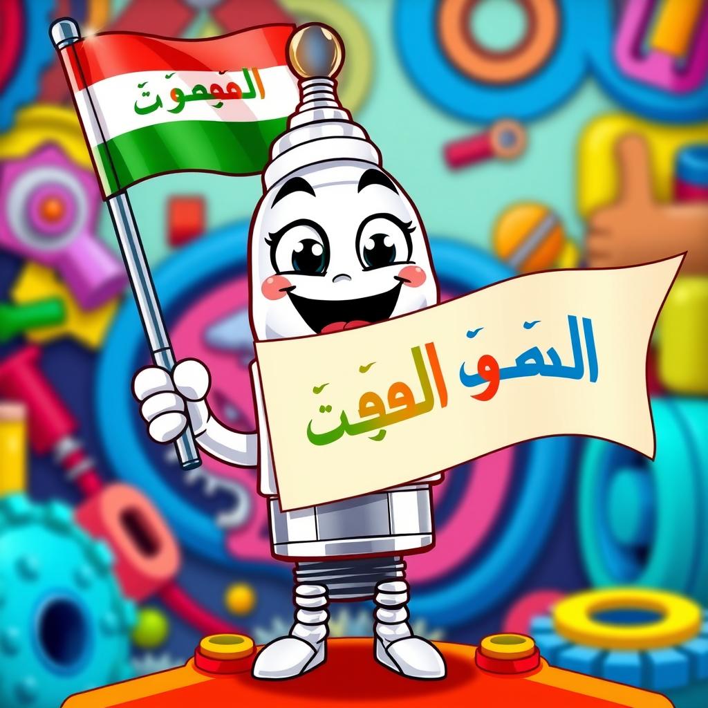 A cheerful spark plug character with a big smile and animated features, proudly holding a flag in one hand that displays the word 'پیشگامان' in bold, colorful Persian script