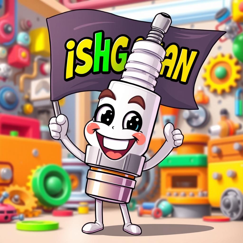 A joyful and lively spark plug character with a broad smile, holding a flag that boldly features the word 'Pishgaman' in colorful, stylized lettering