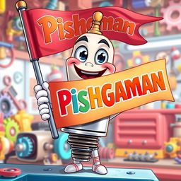 A joyful and lively spark plug character with a broad smile, holding a flag that boldly features the word 'Pishgaman' in colorful, stylized lettering