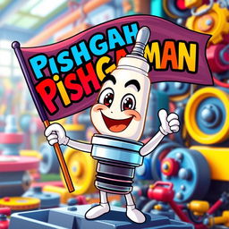 A joyful and lively spark plug character with a broad smile, holding a flag that boldly features the word 'Pishgaman' in colorful, stylized lettering