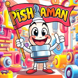 A joyful and lively spark plug character with a broad smile, holding a flag that boldly features the word 'Pishgaman' in colorful, stylized lettering