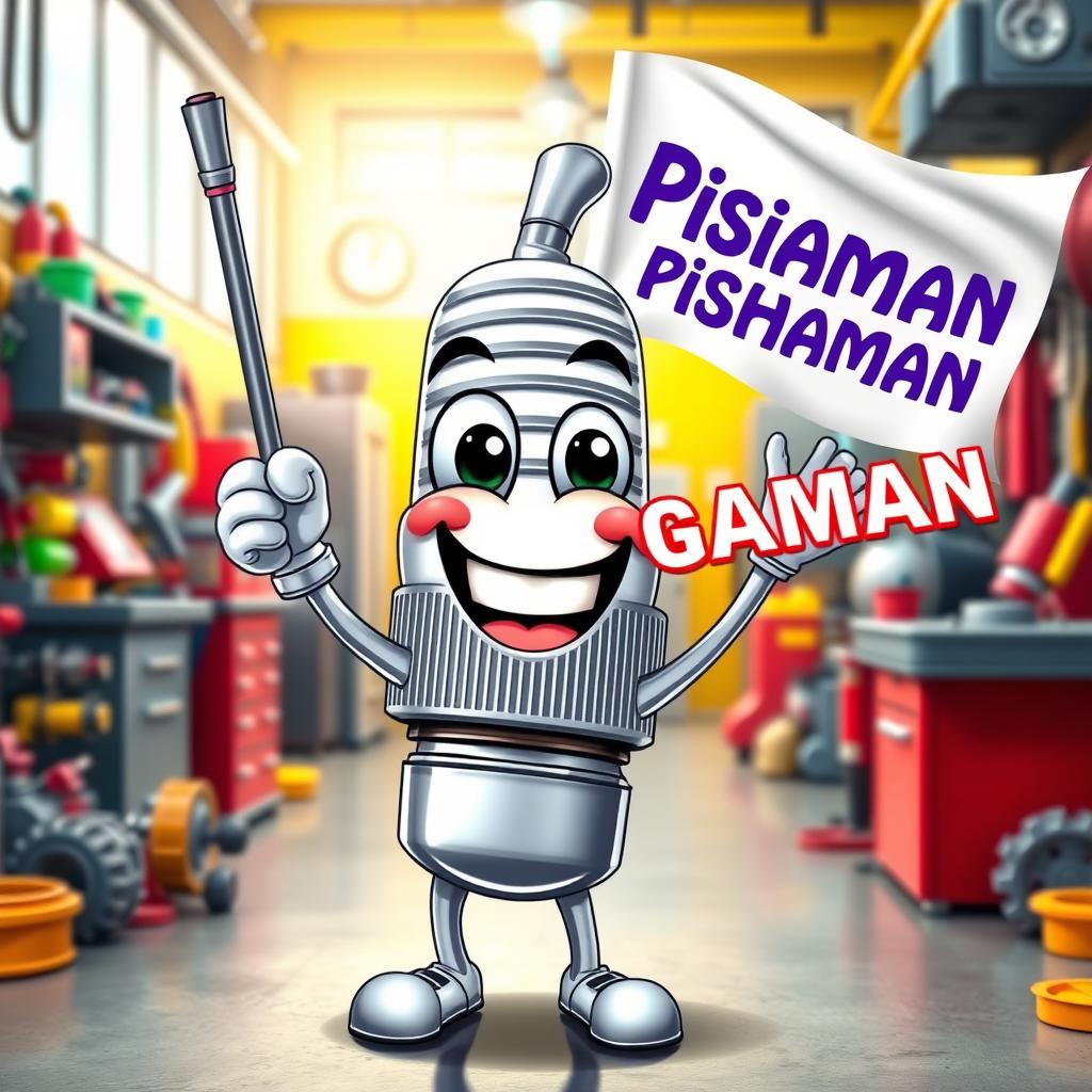 A delighted spark plug character with a big smile, shiny metallic body, and large expressive eyes, joyfully holding a flag in one hand that prominently displays the word 'Pishgaman' in bright, eye-catching letters