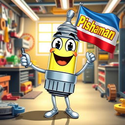 A delighted spark plug character with a big smile, shiny metallic body, and large expressive eyes, joyfully holding a flag in one hand that prominently displays the word 'Pishgaman' in bright, eye-catching letters