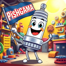 A delighted spark plug character with a big smile, shiny metallic body, and large expressive eyes, joyfully holding a flag in one hand that prominently displays the word 'Pishgaman' in bright, eye-catching letters