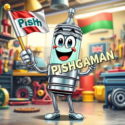 A delighted spark plug character with a big smile, shiny metallic body, and large expressive eyes, joyfully holding a flag in one hand that prominently displays the word 'Pishgaman' in bright, eye-catching letters