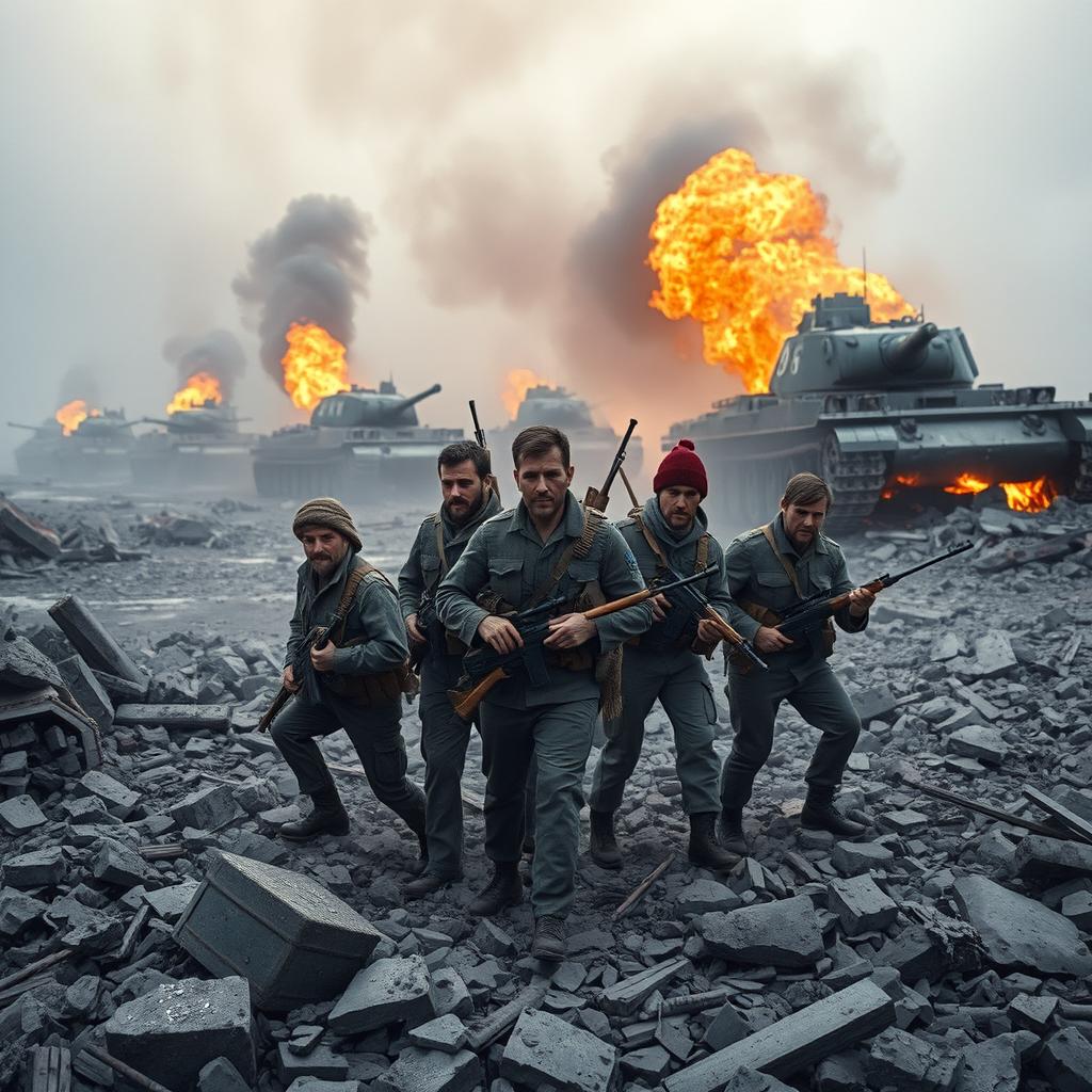 A powerful depiction of a group of resistance fighters positioned in a war-torn environment, with tanks on fire and emitting smoke in the background