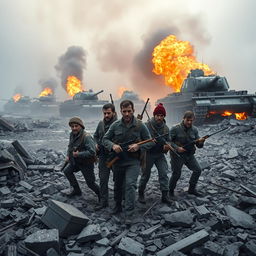 A powerful depiction of a group of resistance fighters positioned in a war-torn environment, with tanks on fire and emitting smoke in the background