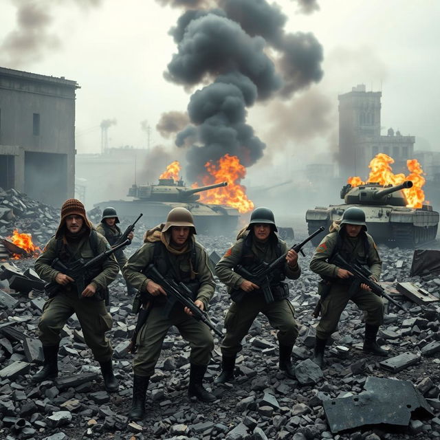 A powerful depiction of a group of resistance fighters positioned in a war-torn environment, with tanks on fire and emitting smoke in the background