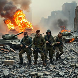 A powerful depiction of a group of resistance fighters positioned in a war-torn environment, with tanks on fire and emitting smoke in the background