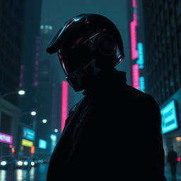 A mysterious figure in a dark, urban setting, partially illuminated by neon lights