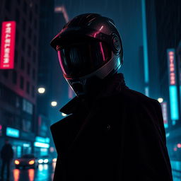 A mysterious figure in a dark, urban setting, partially illuminated by neon lights