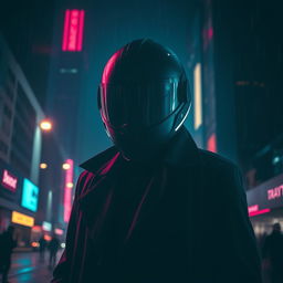 A mysterious figure in a dark, urban setting, partially illuminated by neon lights
