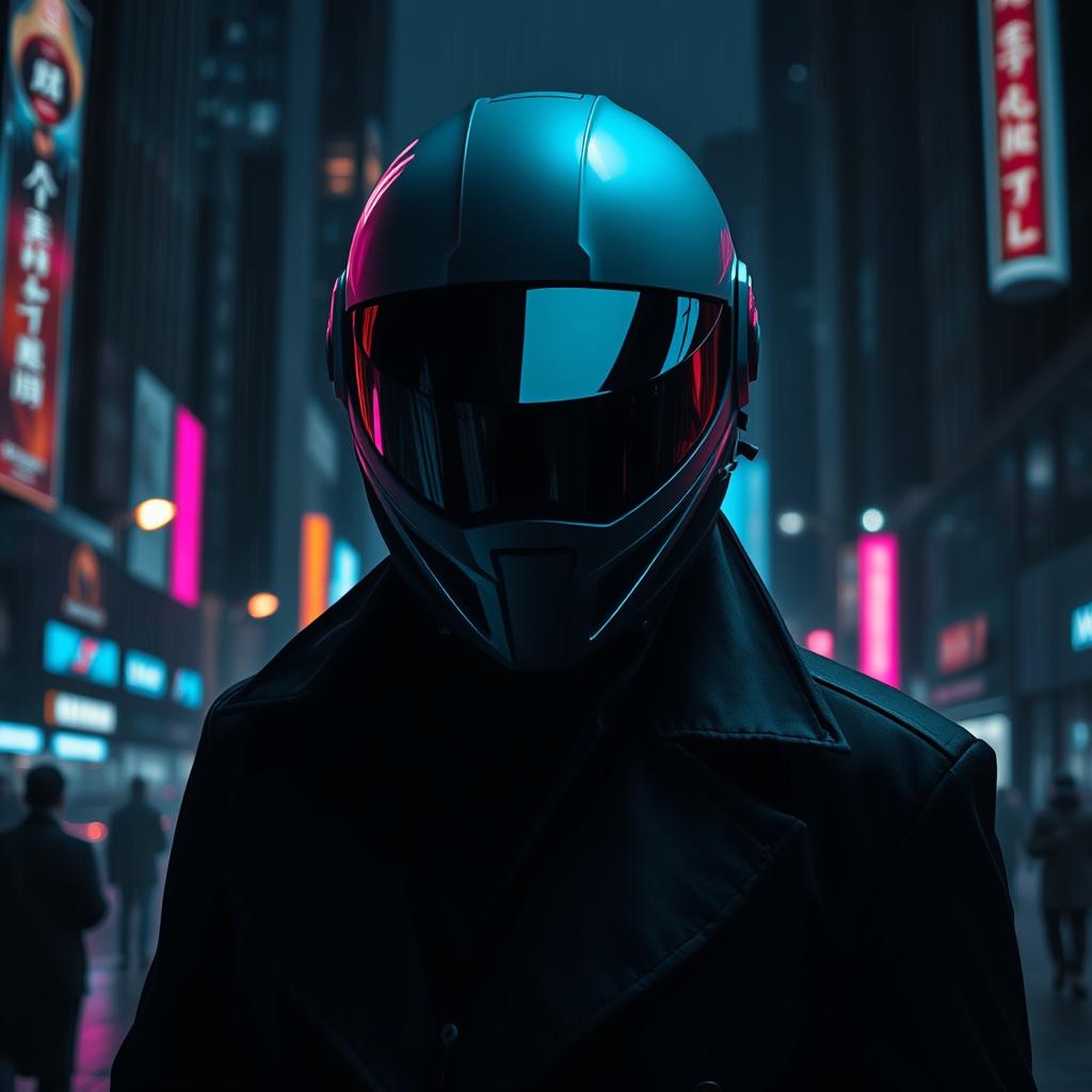 A mysterious figure in a dark, urban setting, partially illuminated by neon lights