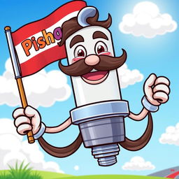 A cheerful cartoon-style mustache spark plug character, wearing a big smile and holding a flag proudly