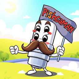 A cheerful cartoon-style mustache spark plug character, wearing a big smile and holding a flag proudly