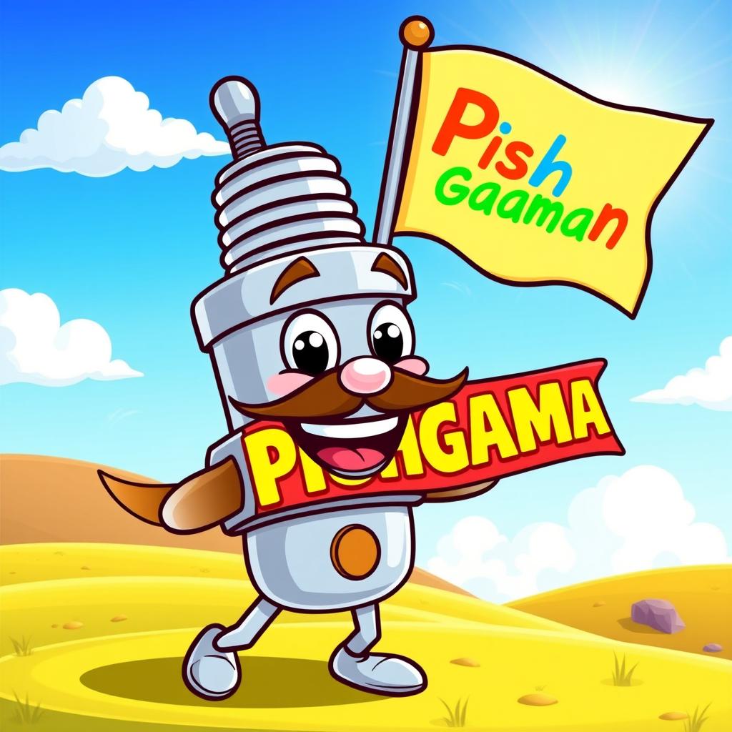 A cheerful cartoon-style mustache spark plug character, wearing a big smile and holding a flag proudly