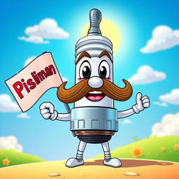 A cheerful cartoon-style mustache spark plug character, wearing a big smile and holding a flag proudly