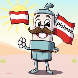 A cheerful cartoon mustache spark plug character with a big smile, holding a colorful flag in one hand