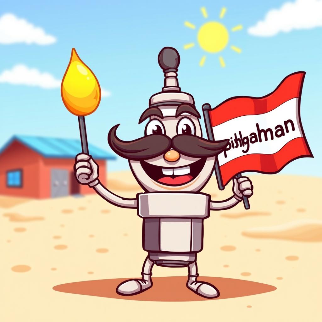 A cheerful cartoon mustache spark plug character with a big smile, holding a colorful flag in one hand
